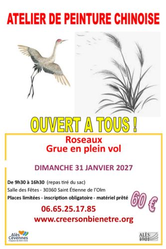 Peinture Chinoise : Roseaux et grue en plein vol 31/01/2027